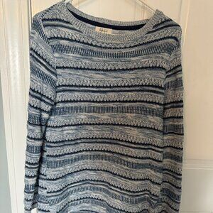 Sweater, lightweight, blue and white, longer in back